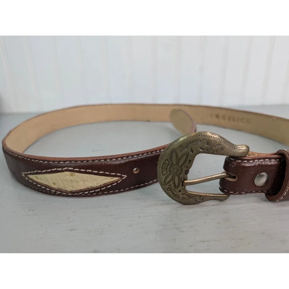 Angelica Leather Western Belt Diamond Inlay‎ Engraved Buckle Brown USA Size 36